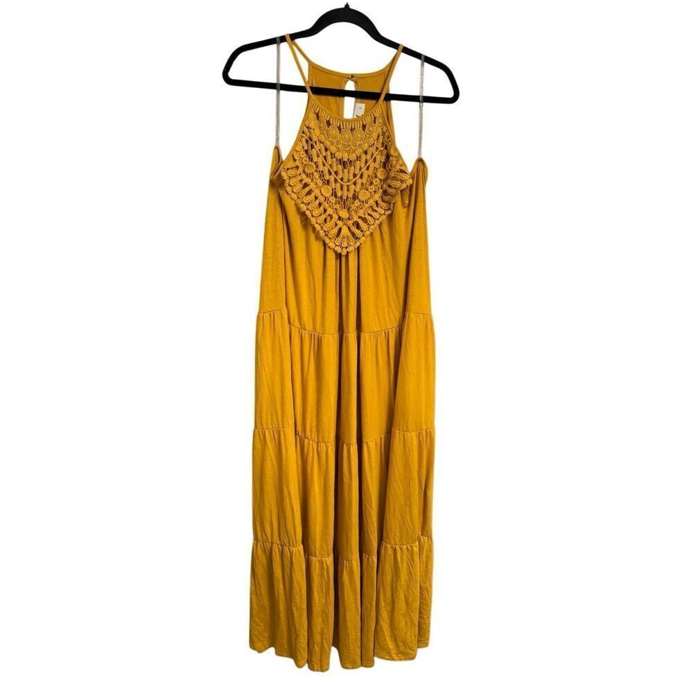 Three Bird Nest Perfection Tiered Maxi Dress Mustard Crochet Large